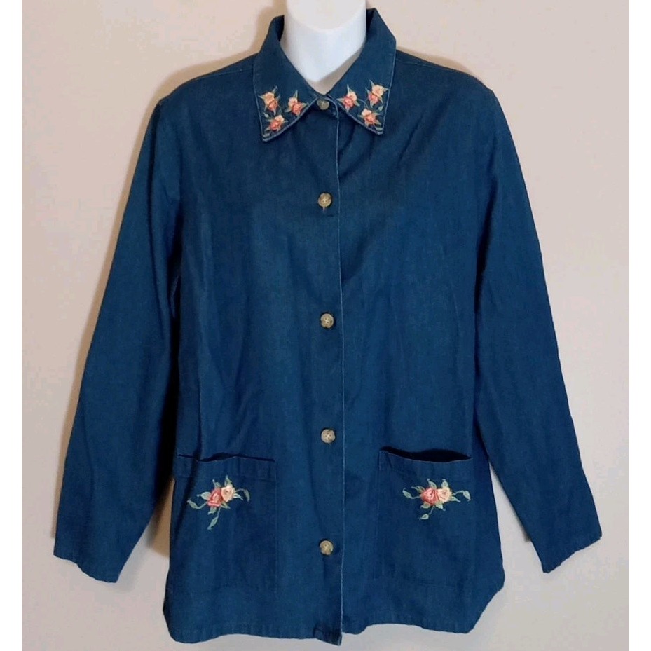 The Tog Shop Women Denim Embroidered Floral Pocket Collared Shirt Size S